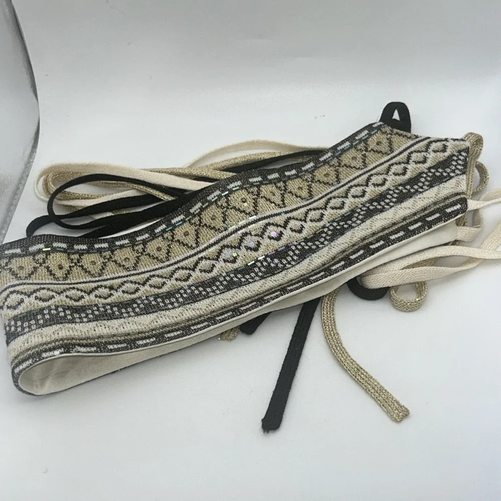 St John Evening by Marie Gray Beaded Metallic Sash Belt Ivory Black Gold VTG USA